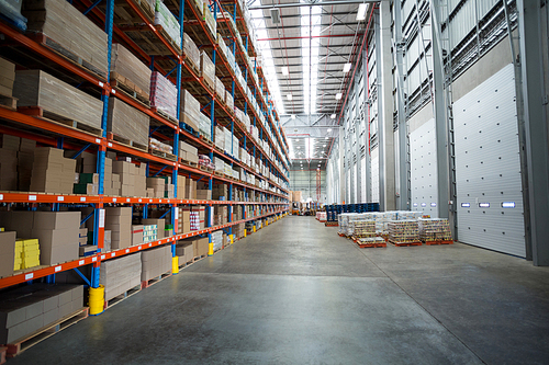 View of goods are tidy on shelves in a warehouse