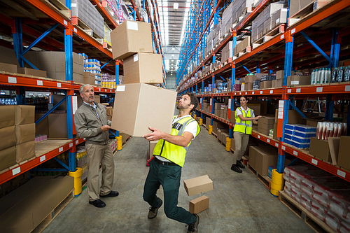 View of worker bringing down some cardboard boxes in a warehouse