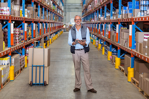 View of manager is smiling and posing to the camera during work in warehouse