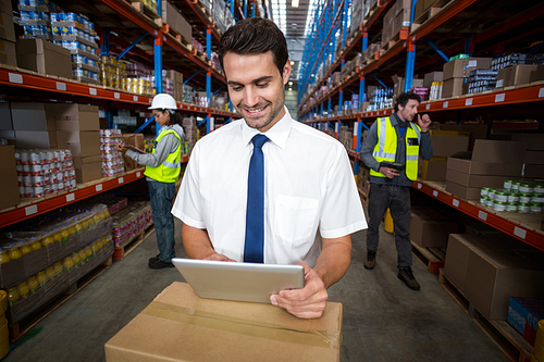 Business worker looking at digital tablet in warehouse