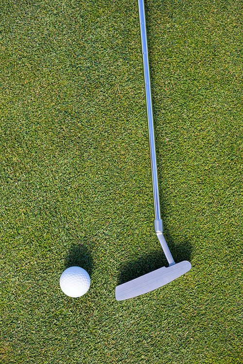 Overhead view of golf club and ball on grassy field