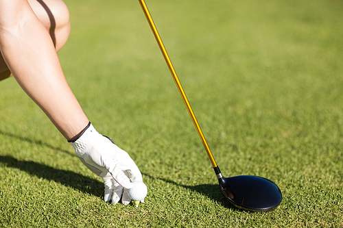 Cropped image of golfer man placing golf ball on tee at field