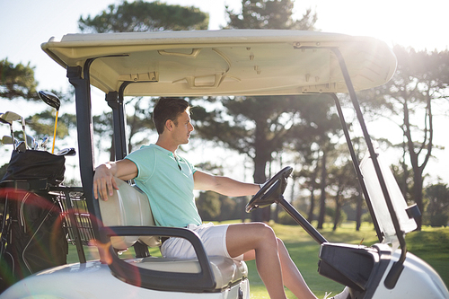 Side view of smart man sitting in golf buggy on field