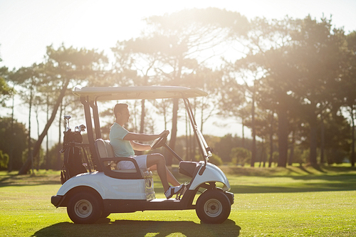 Side view of man sitting in golf buggy on sunny day