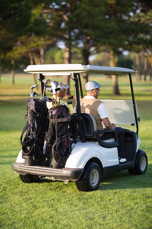 Rear view of male golfer friends sitting in golf buggy on sunny day