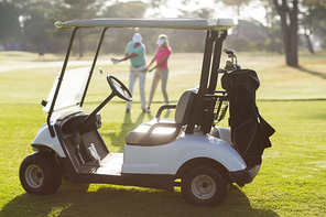 Golf buggy on field with couple on background during sunny day