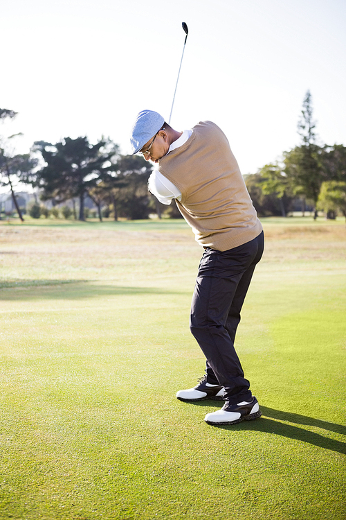 Side view of sportsman playing golf on a field