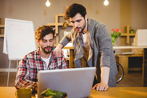 Graphic designer using laptop with his coworker in the office