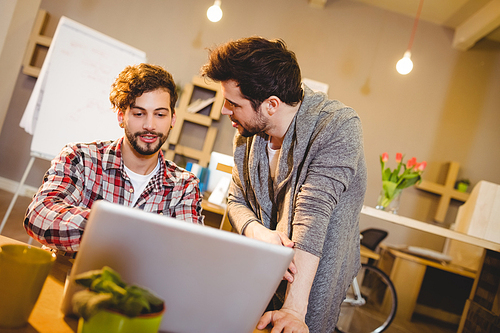 Graphic designer using laptop with his coworker in the office