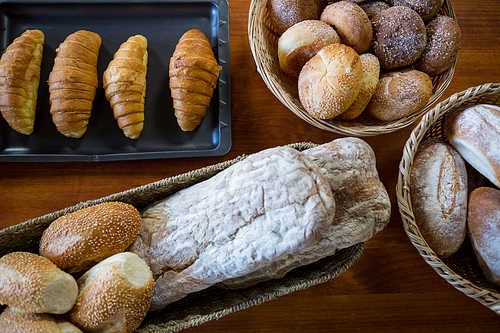Close-up of various breads on display counter in supermarket
