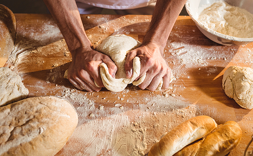 Hands of baker kneading a dough in bakery shop