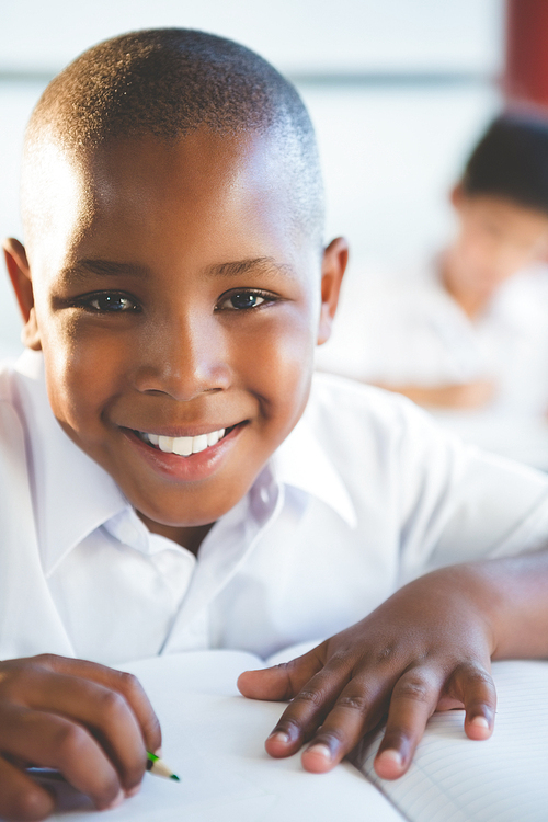 Portrait of smiling schoolboy doing homework in classroom at school