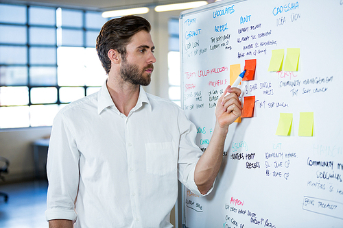 Businessman pointing on sticky note stuck to whiteboard in meeting room