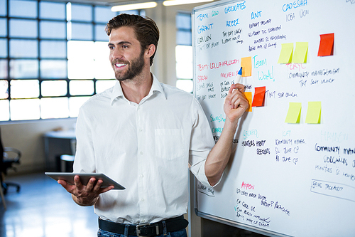 Smiling handsome businessman pointing on whiteboard in meeting room
