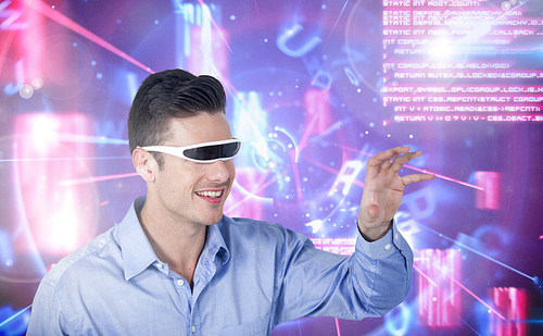 Smart man using virtual reality glasses against digitally generated background