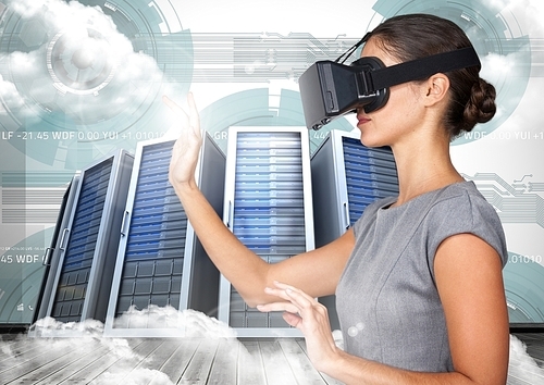 Woman using virtual reality headset against server systems in sky