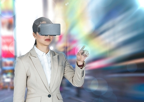 Digital composition of businesswoman using virtual reality glasses against city in background