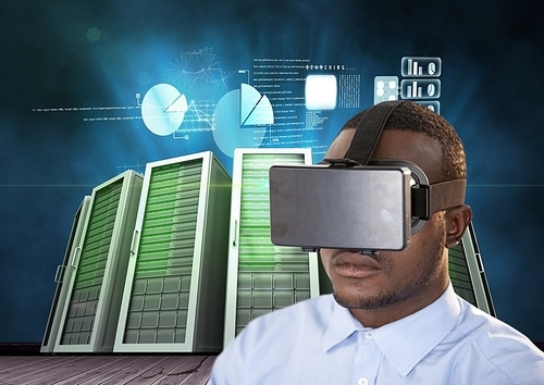 Digital composition of man using virtual reality headset against data center background