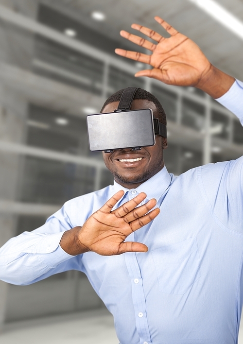 Man using virtual reality headset at office