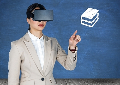 Digital composition of businesswoman using virtual headset pretending to touch book icon against blue background