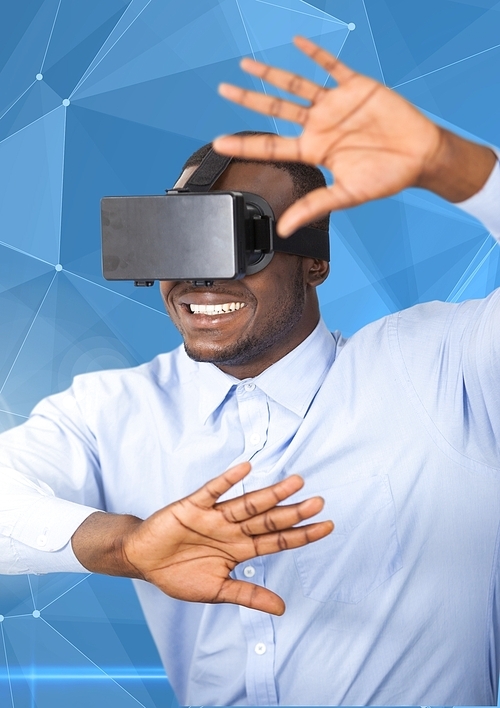 Man using virtual reality headset against digitally composite background