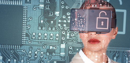 Close up of businesswoman wearing virtual video glasses against lock in circuit board