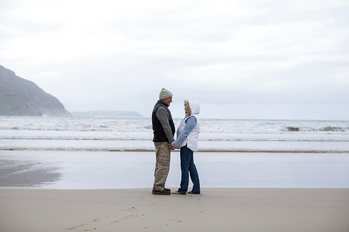 Senior couple standing with holding hands and looking at each other on the beach