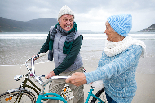 Happy senior couple standing with bicycles on the beach