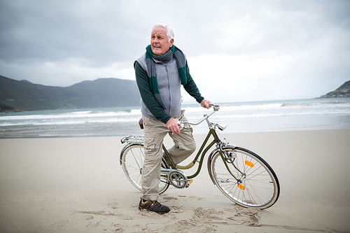Happy senior man riding bicycle on the beach
