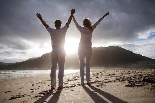 Rear view of couple standing with holding hands on the beach