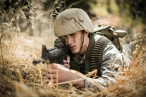 military soldier aiming with a rifle in 군사훈련
