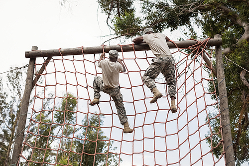 military soldier climbing a net during obstacle course in 군사훈련