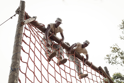 military soldiers climbing a net during obstacle course in 군사훈련