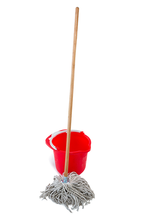 Mop with red bucket against white background