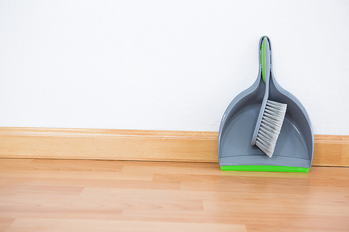 Close up of brush and dustpan on hardwood floor against white wall