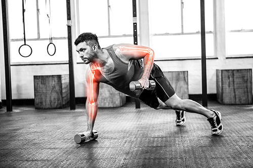 Digital composite of highlighted body of strong man lifting weights at gym