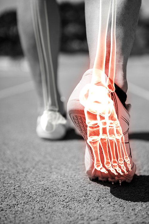 Digital composite of highlighted foot bones of jogging man