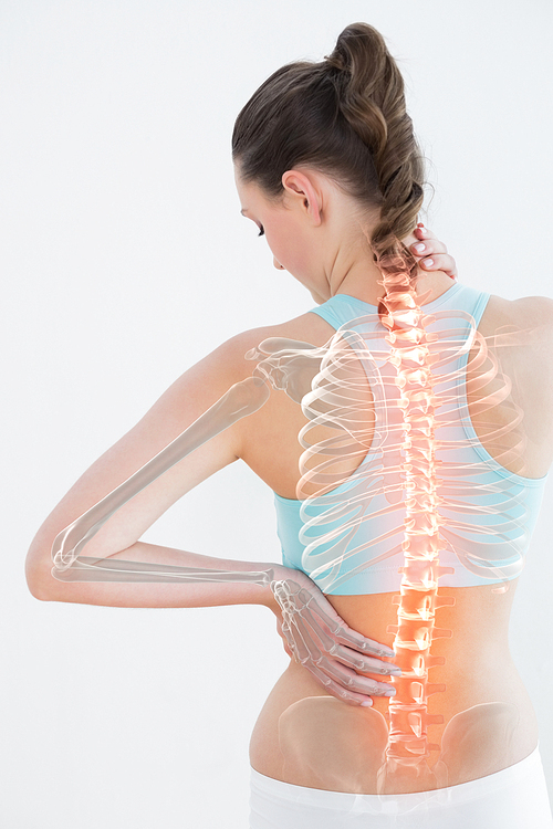 Digitally generated image of female suffering from muscle pain against white background
