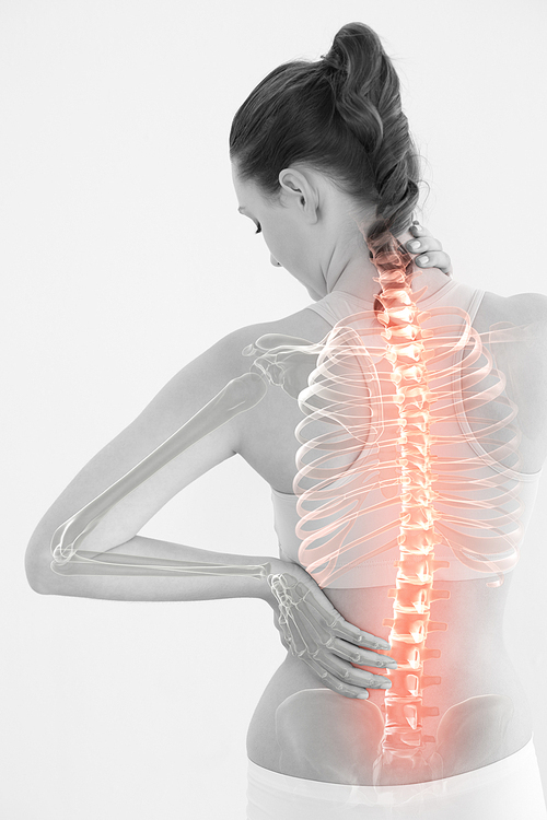 Digitally generated image of woman suffering from muscle pain against white background