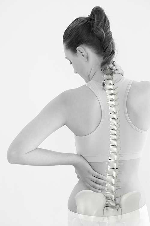 Digitally generated image of female suffering from neck pain against white background