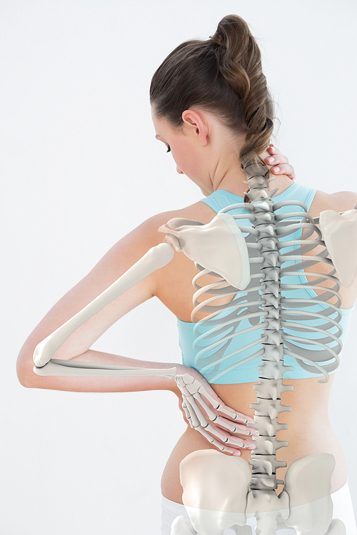 Digitally generated image of woman suffering from neck pain against white background