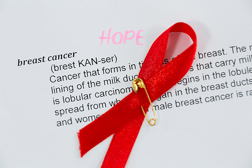 Close-up of red AIDS Awareness ribbon on paper with Breast Cancer text