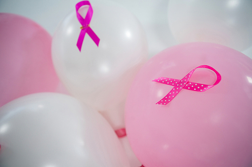 Close-up of pink Breast Cancer Awareness ribbons on balloons against white background