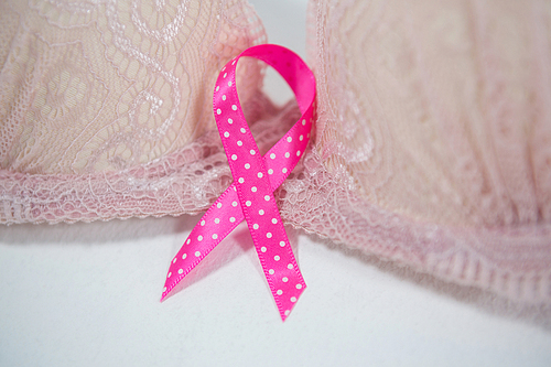 Close-up of spotted pink Breast Cancer ribbon on bra against white background