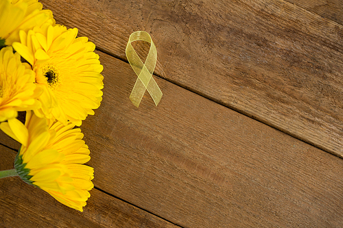 Directly above view of yellow Sarcoma Awareness ribbon by gerbera flowers on wooden table