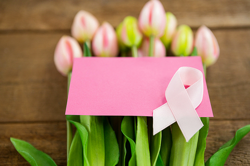 High angle view of pink Breast Cancer Awareness ribbon with blank card on fresh tulips over wooden table