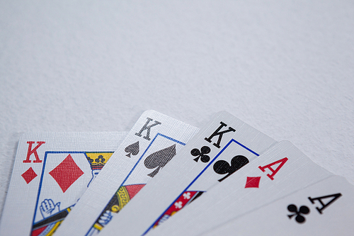 Close-up of playing cards arranged on white background