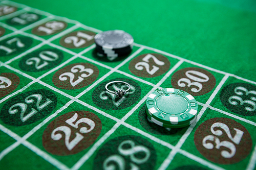 High angle view of ring and chips on roulette table