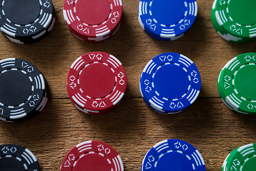 Overhead view of chips on wooden table