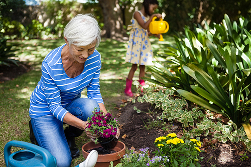 Smiling senior woman planting flowers while granddaughter watering plants at backyard